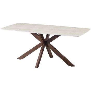 Table de salle à manger design plateau en céramique anti-griffe beige et pieds en métal effet noyer L.180 x P.90 x H.76 cm collection ONTARIO