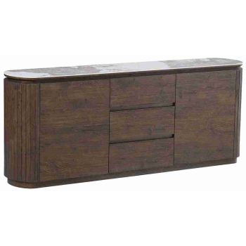 Buffet design en bois MDF coloris noyer avec plateau en céramique L. 200 x P. 40 x H. 80 cm collection MAYFAIR