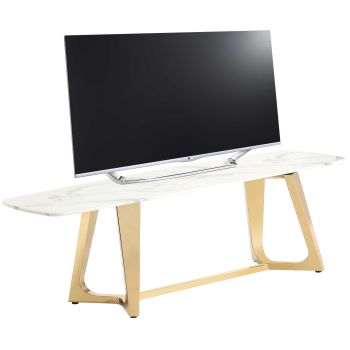 Meuble tv Design plateau en marbre artificiel blanc et piètement en acier inoxydable poli doré Collection veneta L. 180 x P. 42 x H. 45 cm
