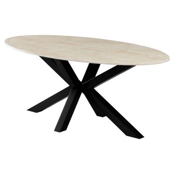Table de salle à manger ovale design plateau en Marbre artificiel et pieds en acier coloris beige et noir L.200 x P.100 x H.76 cm collection MARJA