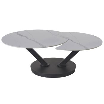 Table basse extensible design plateau en pierre frittée coloris blanc et pieds en acier coloris noir L.85-127 x P.85 x H.45 cm collection MANILA