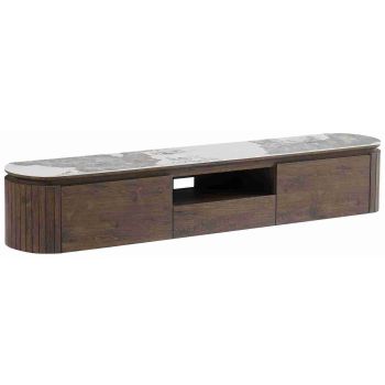 Mueble de TV de diseño en MDF color nogal con superficie de cerámica L.200 x P.40 x H.35 cm colección MAYFAIR