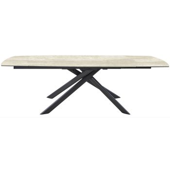 Table de salle à manger extensible design plateau en pierre frittée beige et pieds en acier coloris noir L.160-240 x P.90 x H.75 cm collection EMILIA