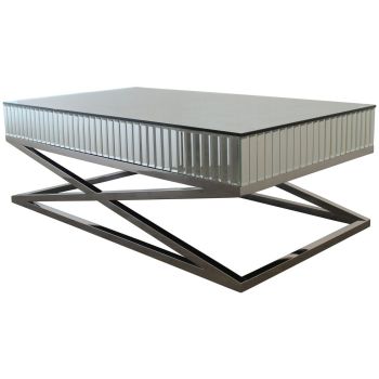 Table basse design plateau et contour en miroir avec un piètement croisée en acier inoxydable poli L. 130 x P. 70 x H. 40 cm collection GALA