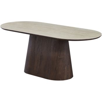 Table de salle à manger ovale design plateau en céramique travertin et pieds en MDF effet noyer L.200 x P.90 x H.76 cm collection SOHO