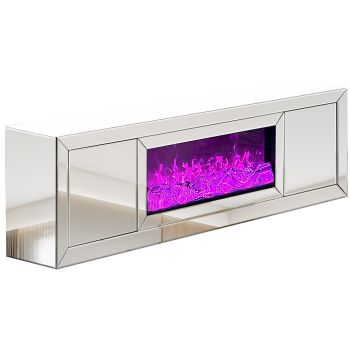 Meuble tv design avec cheminée artificielle intégrée en bois MDF et miroir argenté L.200 x P.40 x H.60 cm collection MAYA